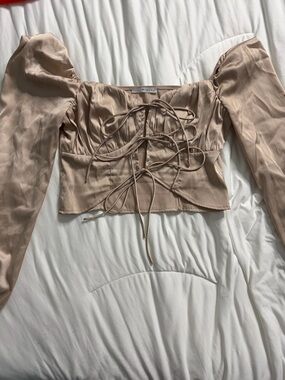 La Mienne Nude Blush Satin Lace-Up Crop Top